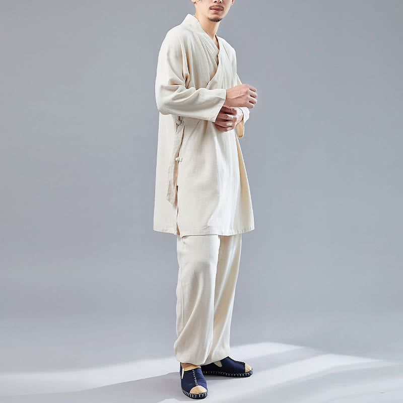 Buddha Stones 2 szt. Koszulka męska z długim rękawem i dekoltem w serek Top Spodnie Medytacja Zen Tai Chi Bawełna Lniany Zestaw Ubrań - image 12