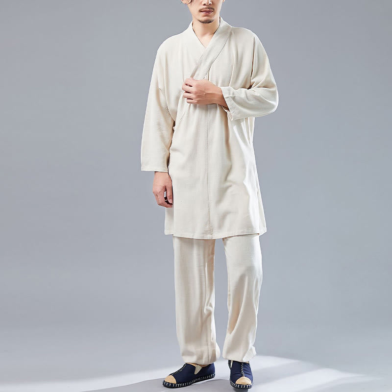 Buddha Stones 2 szt. Koszulka męska z długim rękawem i dekoltem w serek Top Spodnie Medytacja Zen Tai Chi Bawełna Lniany Zestaw Ubrań - image 9