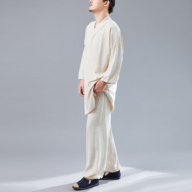 Buddha Stones 2 szt. Koszulka męska z długim rękawem i dekoltem w serek Top Spodnie Medytacja Zen Tai Chi Bawełna Lniany Zestaw Ubrań - image 13