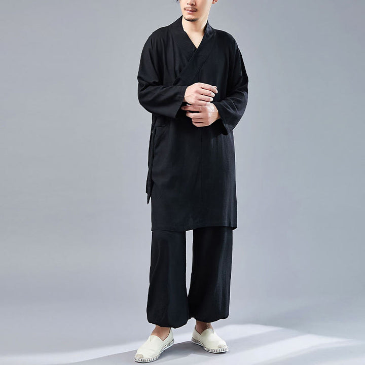 Buddha Stones 2 szt. Koszulka męska z długim rękawem i dekoltem w serek Top Spodnie Medytacja Zen Tai Chi Bawełna Lniany Zestaw Ubrań - image 22