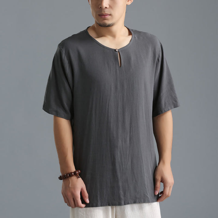 Koszula męska z okrągłym dekoltem i krótkim rękawem z bawełny i lnu Buddha Stones w jednolitym kolorze - DimGray - US/UK/AU40， EU50 (XL) - image 0