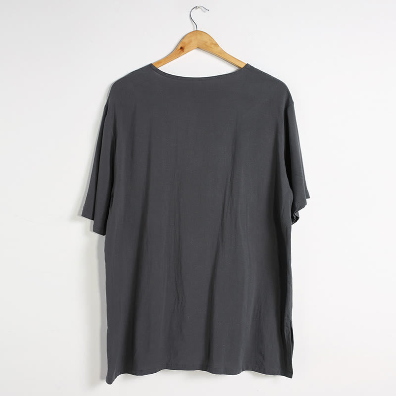 Koszula męska z okrągłym dekoltem i krótkim rękawem z bawełny i lnu Buddha Stones w jednolitym kolorze - image 5