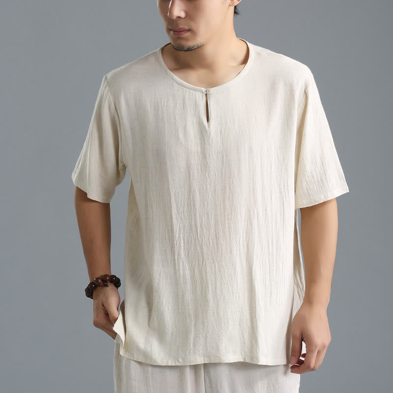 Koszula męska z okrągłym dekoltem i krótkim rękawem z bawełny i lnu Buddha Stones w jednolitym kolorze - Bielizna - US/UK/AU40， EU50 (XL) - image 11