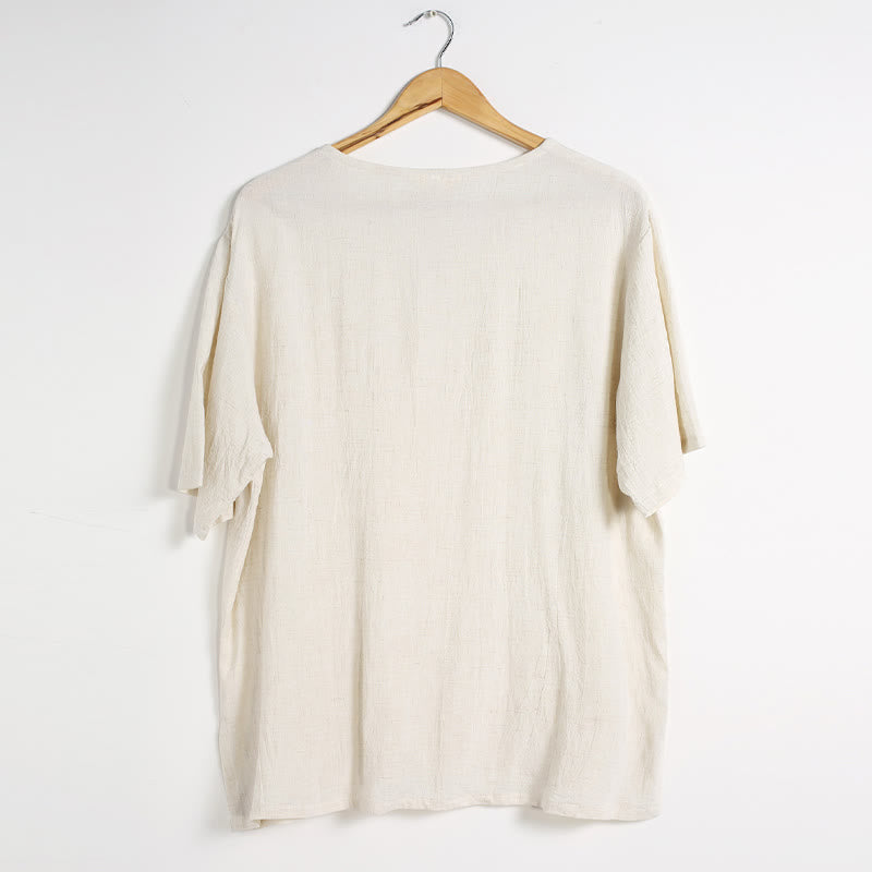 Koszula męska z okrągłym dekoltem i krótkim rękawem z bawełny i lnu Buddha Stones w jednolitym kolorze - image 24