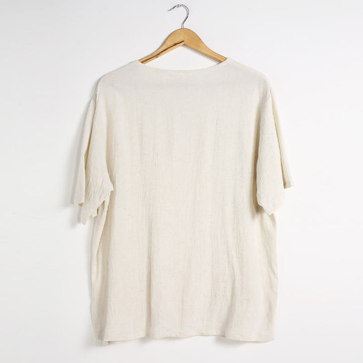 Koszula męska z okrągłym dekoltem i krótkim rękawem z bawełny i lnu Buddha Stones w jednolitym kolorze - image 24