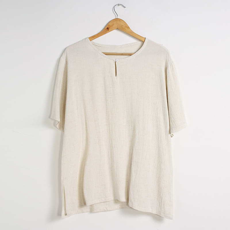 Koszula męska z okrągłym dekoltem i krótkim rękawem z bawełny i lnu Buddha Stones w jednolitym kolorze - image 23