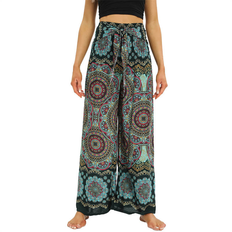 Spodnie do jogi damskie z szerokimi nogawkami i sznurowaniem w stylu boho z nadrukiem w kształcie mandali z motywem Buddha Stones
