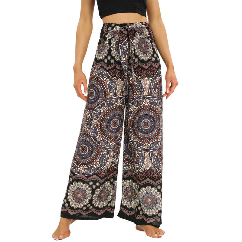 Spodnie do jogi damskie z szerokimi nogawkami i sznurowaniem w stylu boho z nadrukiem w kształcie mandali z motywem Buddha Stones