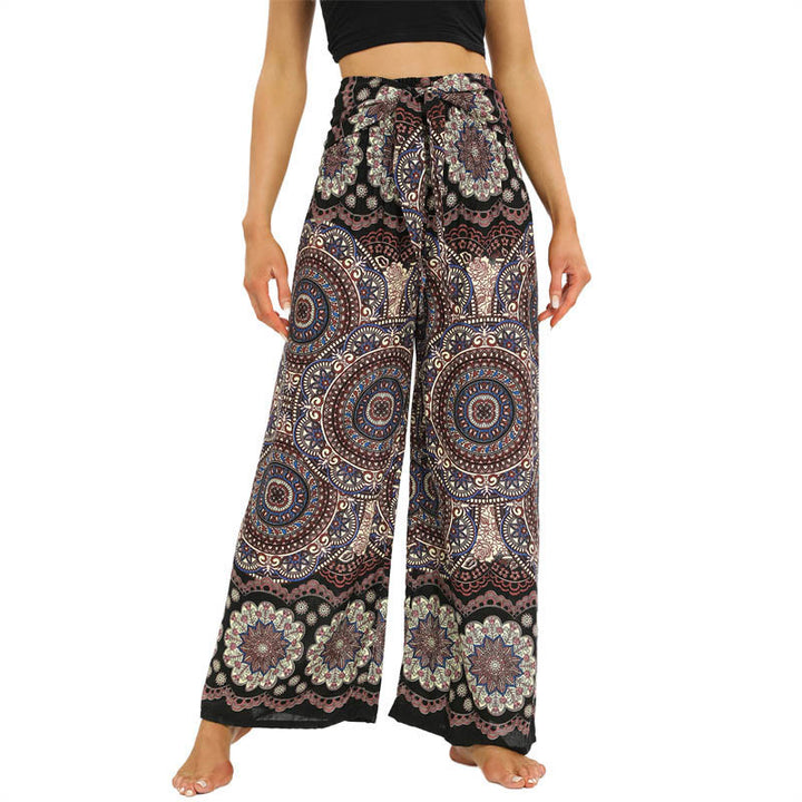 Spodnie do jogi damskie z szerokimi nogawkami i sznurowaniem w stylu boho z nadrukiem w kształcie mandali z motywem Buddha Stones