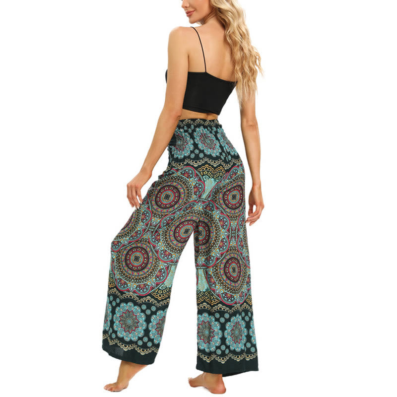 Spodnie do jogi damskie z szerokimi nogawkami i sznurowaniem w stylu boho z nadrukiem w kształcie mandali z motywem Buddha Stones