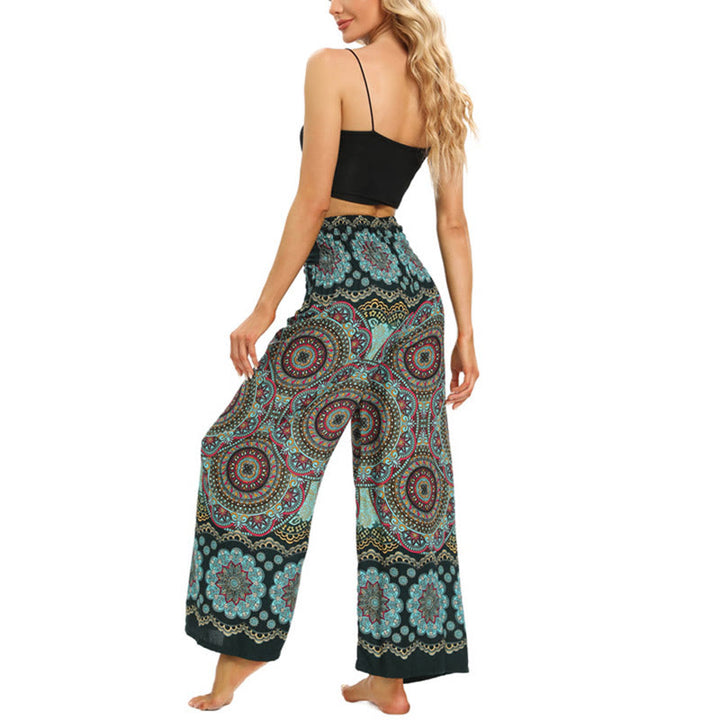 Spodnie do jogi damskie z szerokimi nogawkami i sznurowaniem w stylu boho z nadrukiem w kształcie mandali z motywem Buddha Stones