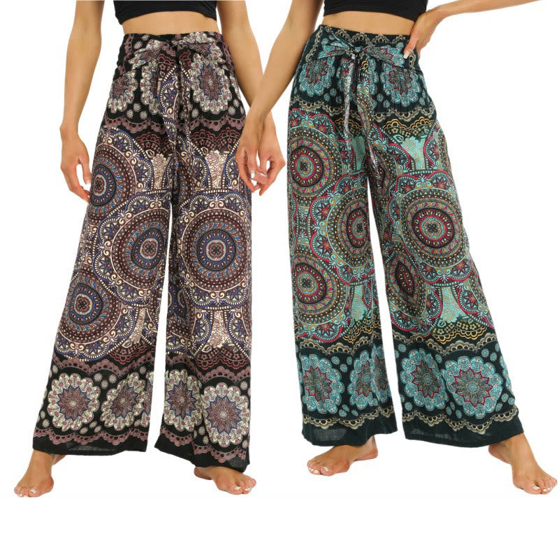 Spodnie do jogi damskie z szerokimi nogawkami i sznurowaniem w stylu boho z nadrukiem w kształcie mandali z motywem Buddha Stones - image 0