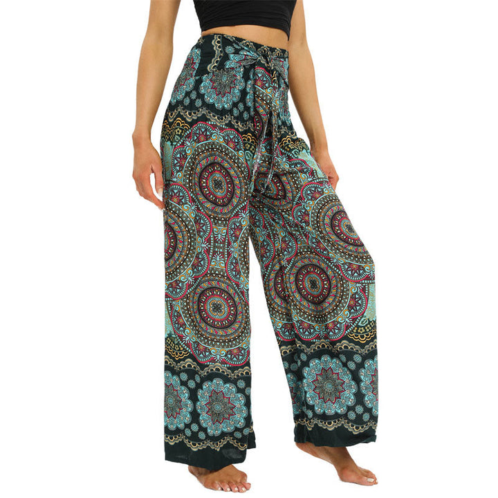 Spodnie do jogi damskie z szerokimi nogawkami i sznurowaniem w stylu boho z nadrukiem w kształcie mandali z motywem Buddha Stones