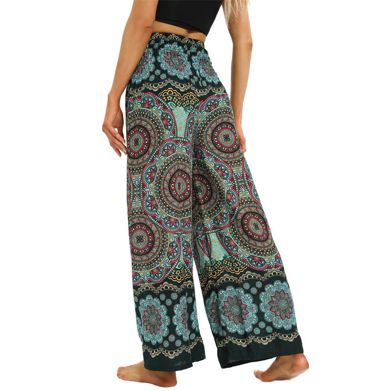 Spodnie do jogi damskie z szerokimi nogawkami i sznurowaniem w stylu boho z nadrukiem w kształcie mandali z motywem Buddha Stones