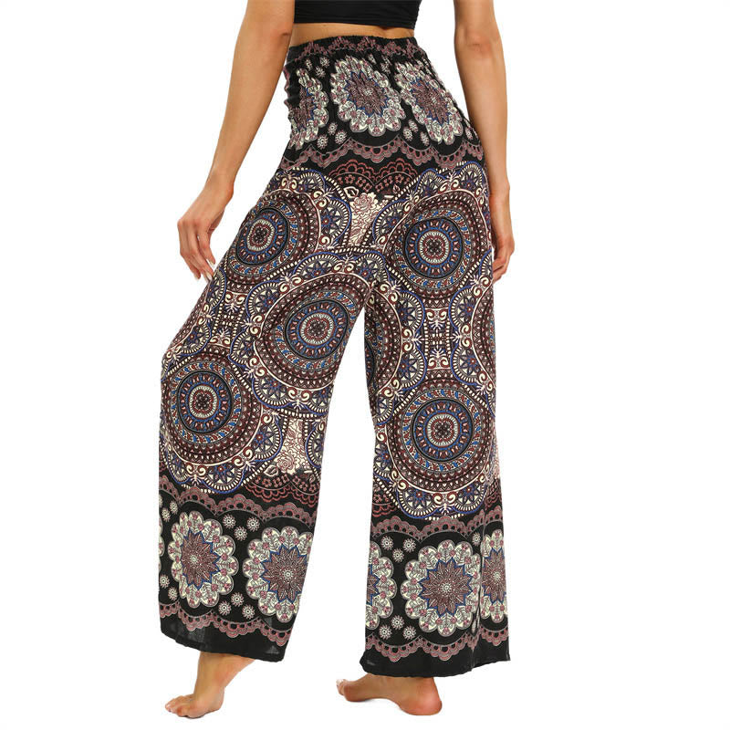 Spodnie do jogi damskie z szerokimi nogawkami i sznurowaniem w stylu boho z nadrukiem w kształcie mandali z motywem Buddha Stones
