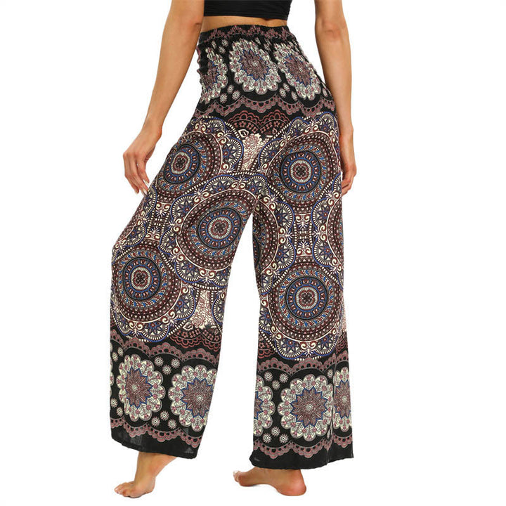 Spodnie do jogi damskie z szerokimi nogawkami i sznurowaniem w stylu boho z nadrukiem w kształcie mandali z motywem Buddha Stones