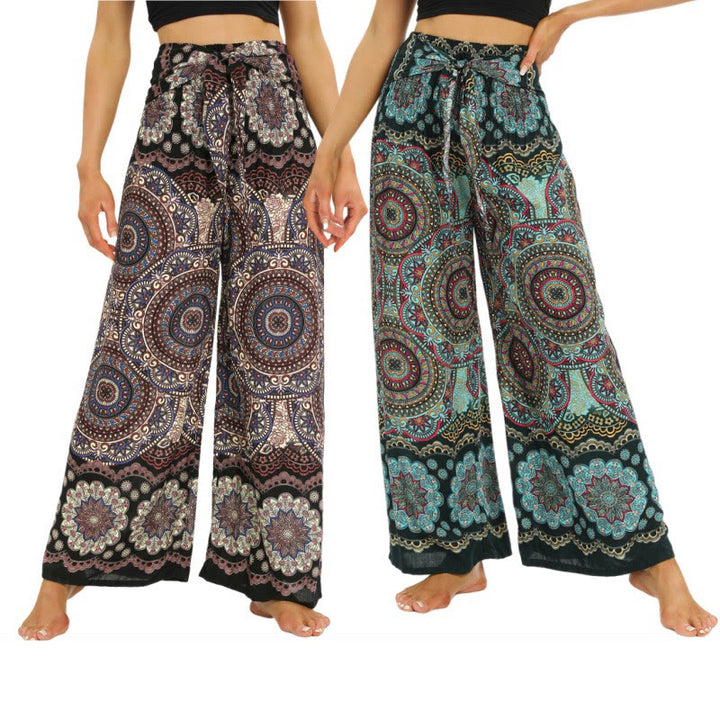 Spodnie do jogi damskie z szerokimi nogawkami i sznurowaniem w stylu boho z nadrukiem w kształcie mandali z motywem Buddha Stones