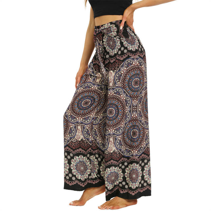 Spodnie do jogi damskie z szerokimi nogawkami i sznurowaniem w stylu boho z nadrukiem w kształcie mandali z motywem Buddha Stones