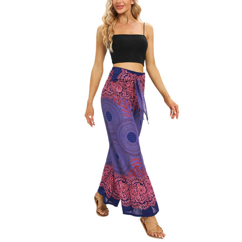 Buddha Stones Bohemian Compass Flower Print Sznurowane szerokie nogawki Spodnie do jogi damskie