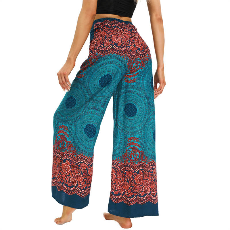 Buddha Stones Bohemian Compass Flower Print Sznurowane szerokie nogawki Spodnie do jogi damskie
