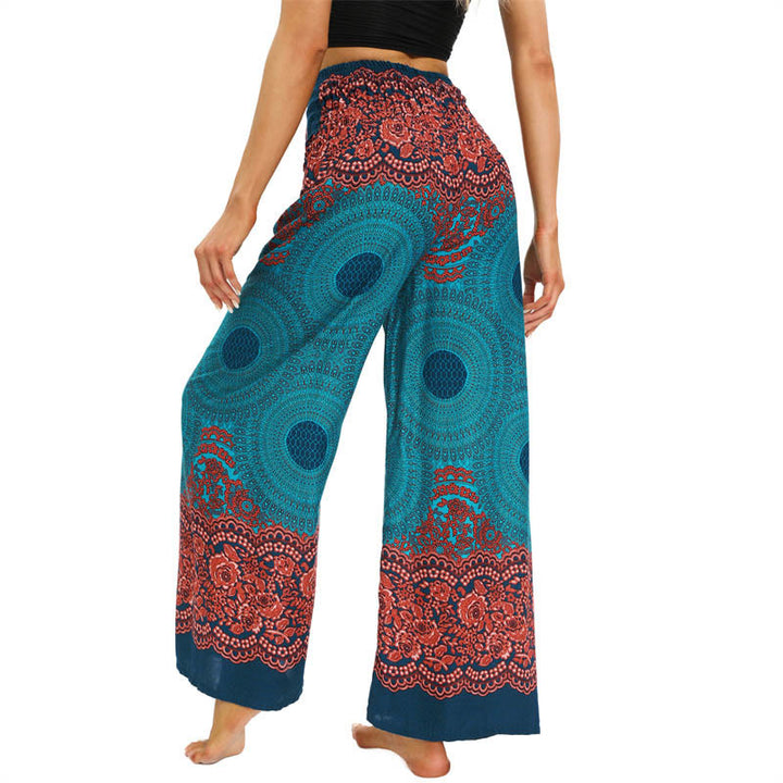 Buddha Stones Bohemian Compass Flower Print Sznurowane szerokie nogawki Spodnie do jogi damskie