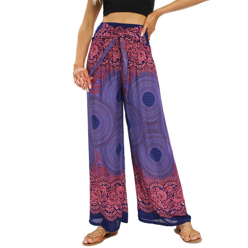 Buddha Stones Bohemian Compass Flower Print Sznurowane szerokie nogawki Spodnie do jogi damskie