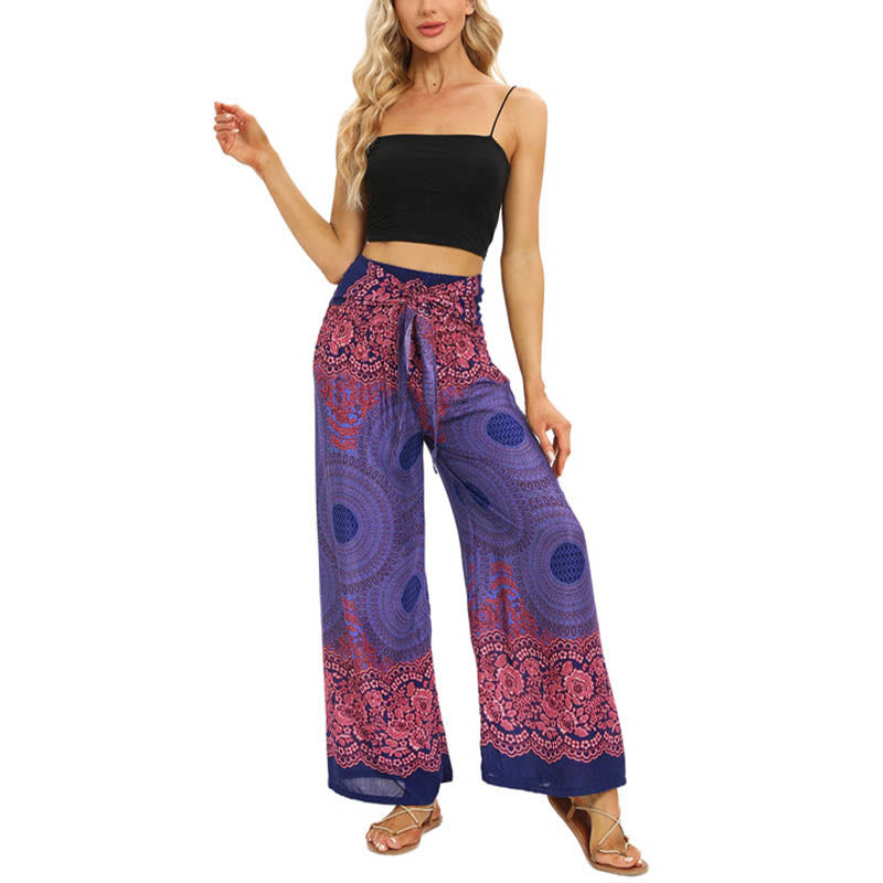 Buddha Stones Bohemian Compass Flower Print Sznurowane szerokie nogawki Spodnie do jogi damskie