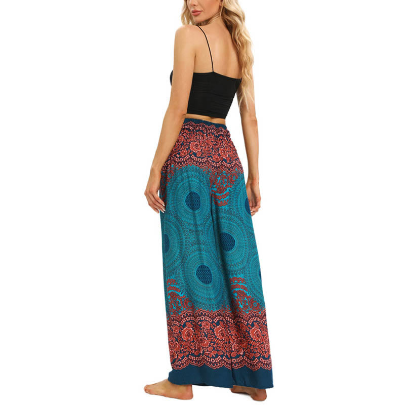 Buddha Stones Bohemian Compass Flower Print Sznurowane szerokie nogawki Spodnie do jogi damskie