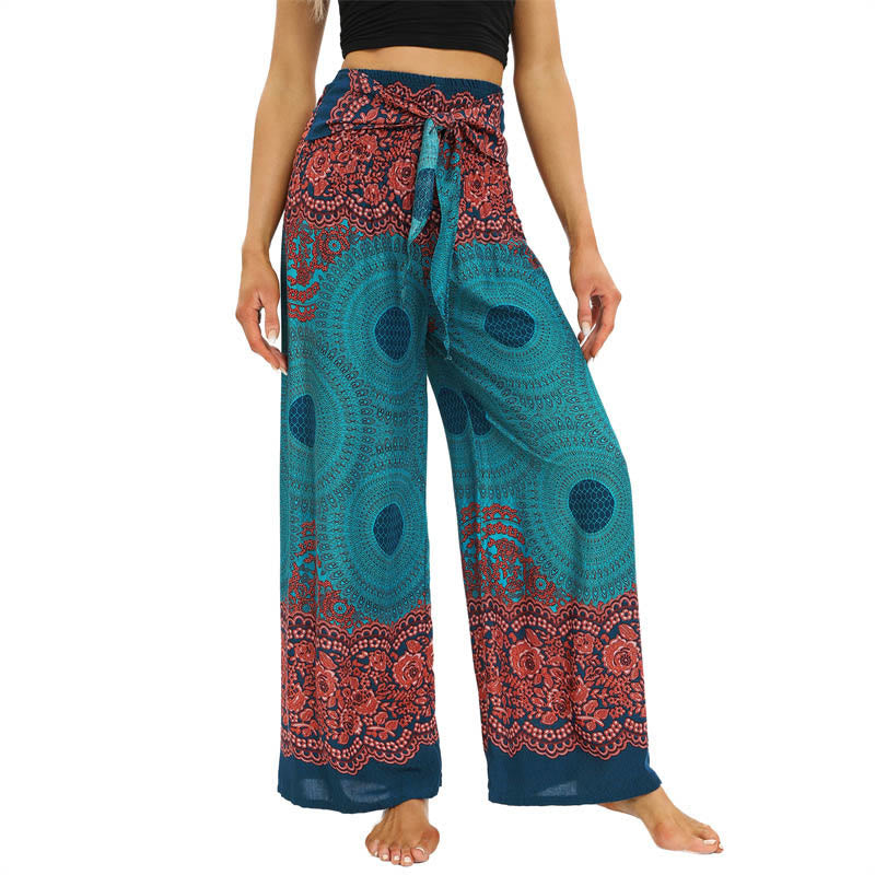 Buddha Stones Bohemian Compass Flower Print Sznurowane szerokie nogawki Spodnie do jogi damskie