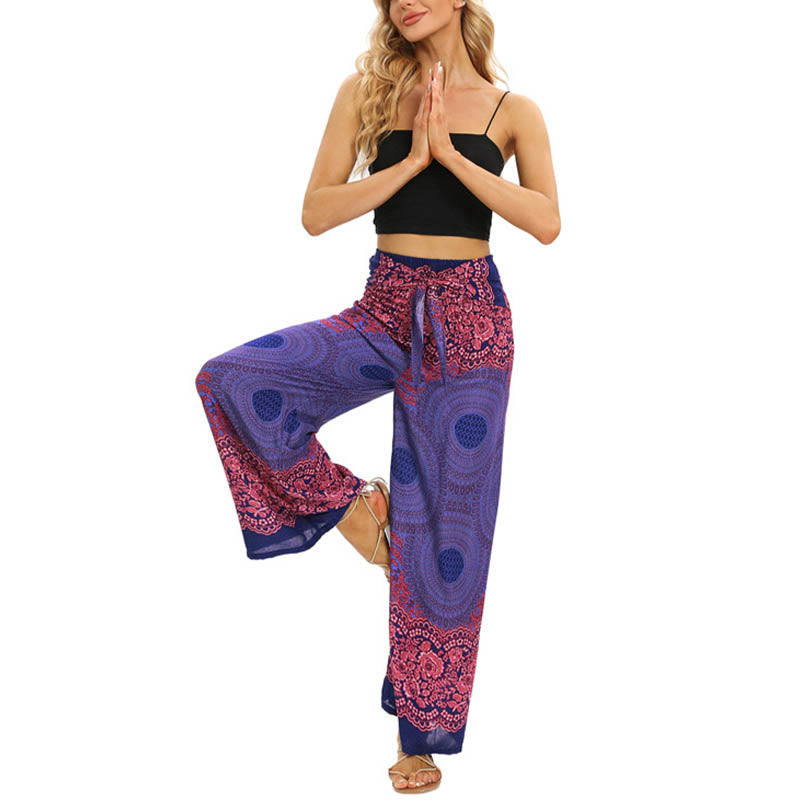 Buddha Stones Bohemian Compass Flower Print Sznurowane szerokie nogawki Spodnie do jogi damskie