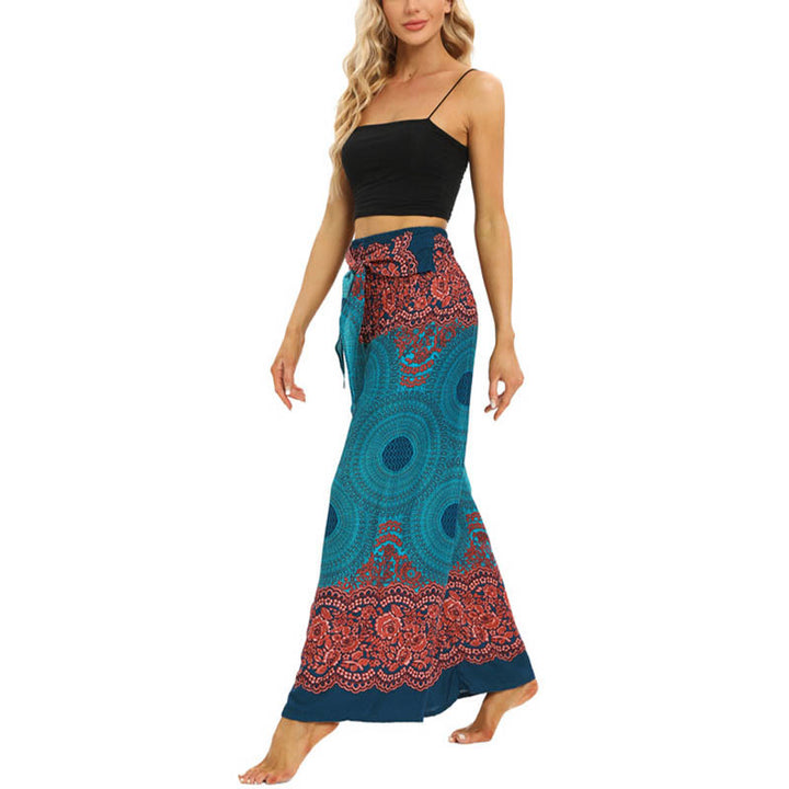 Buddha Stones Bohemian Compass Flower Print Sznurowane szerokie nogawki Spodnie do jogi damskie