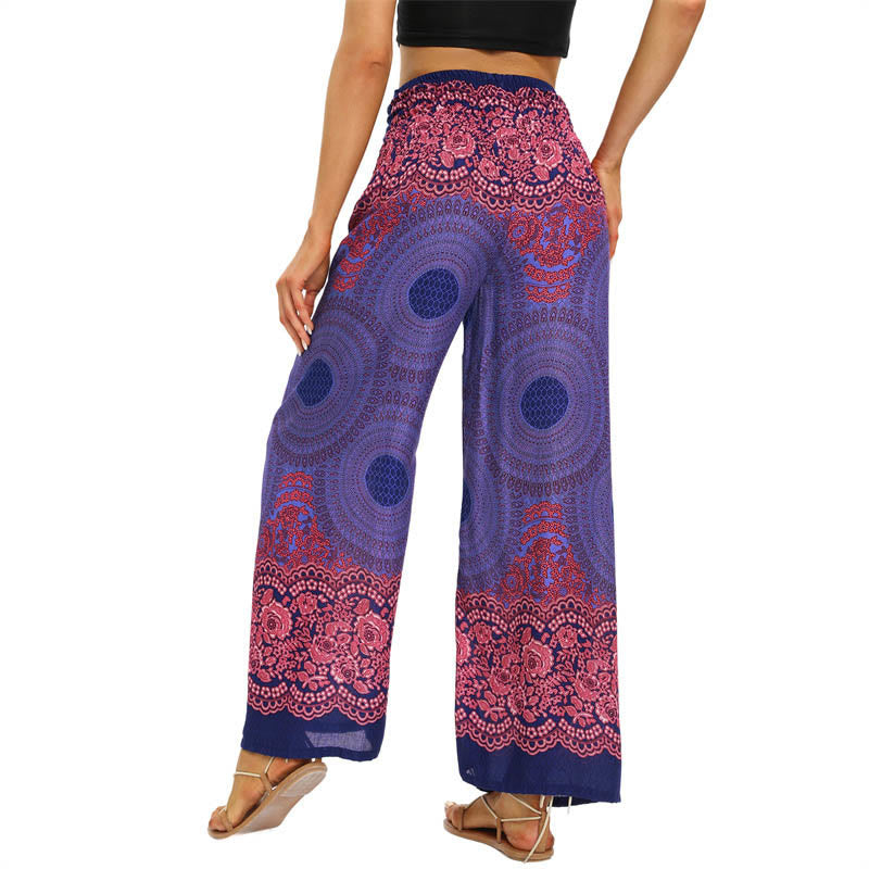 Buddha Stones Bohemian Compass Flower Print Sznurowane szerokie nogawki Spodnie do jogi damskie
