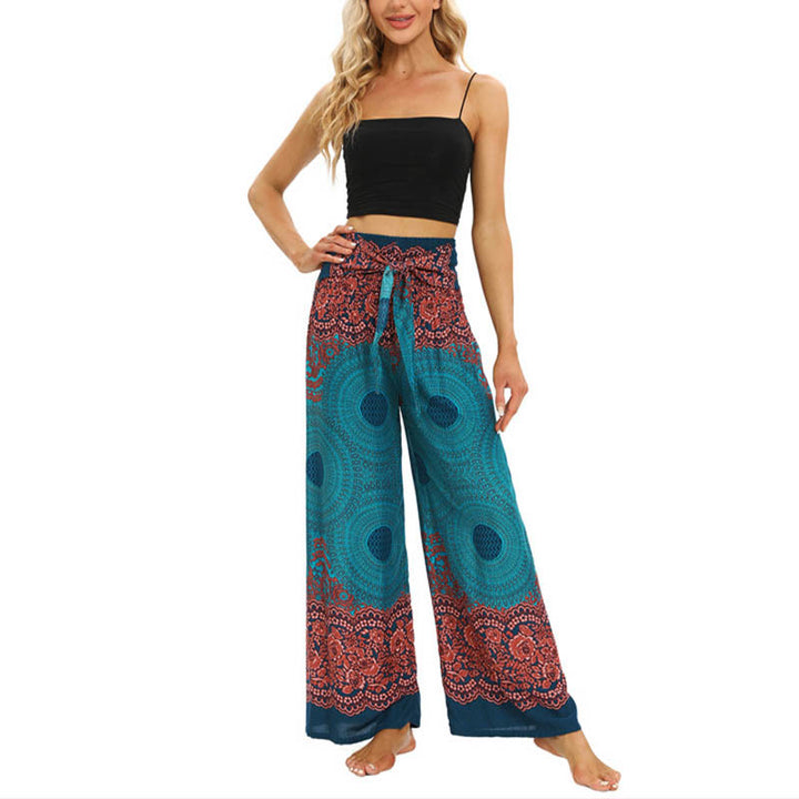 Buddha Stones Bohemian Compass Flower Print Sznurowane szerokie nogawki Spodnie do jogi damskie