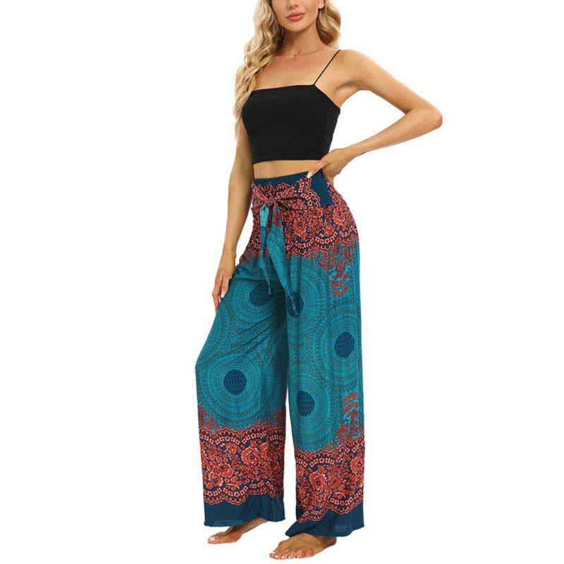 Buddha Stones Bohemian Compass Flower Print Sznurowane szerokie nogawki Spodnie do jogi damskie