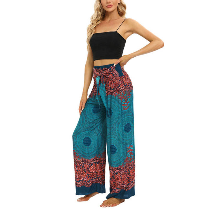 Buddha Stones Bohemian Compass Flower Print Sznurowane szerokie nogawki Spodnie do jogi damskie