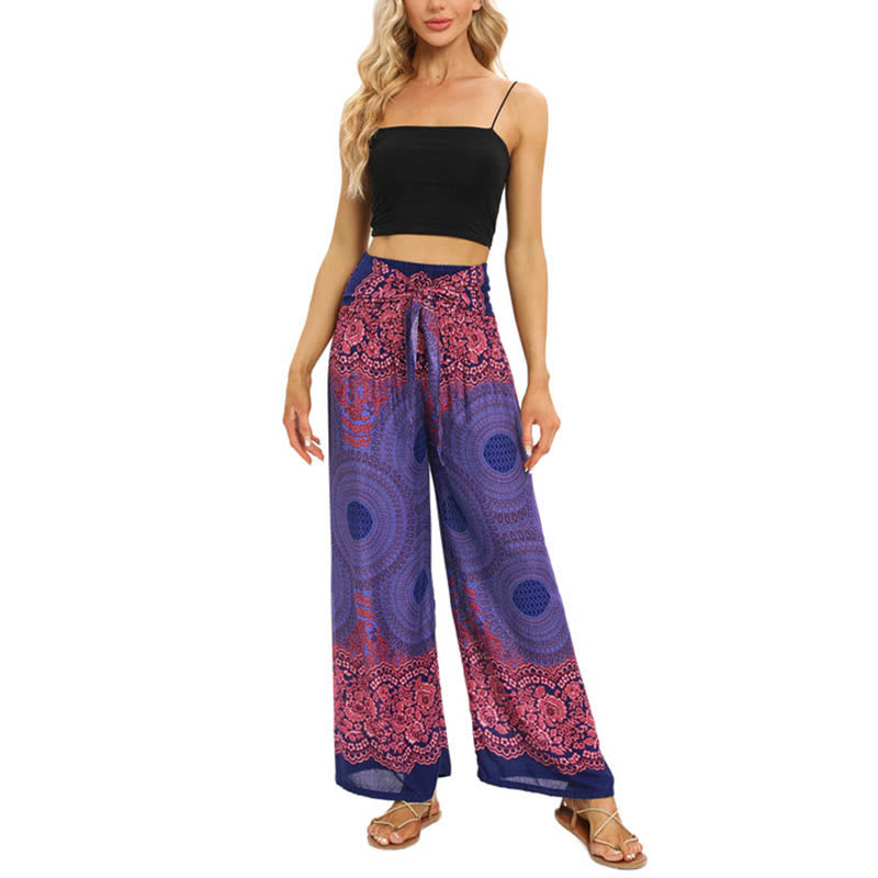Buddha Stones Bohemian Compass Flower Print Sznurowane szerokie nogawki Spodnie do jogi damskie