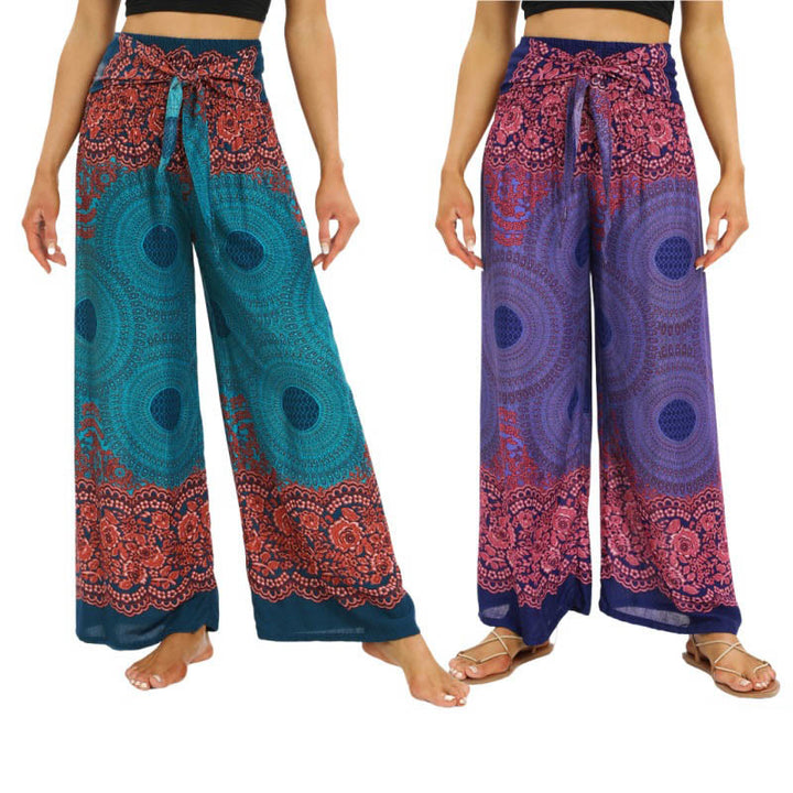 Buddha Stones Bohemian Compass Flower Print Sznurowane szerokie nogawki Spodnie do jogi damskie