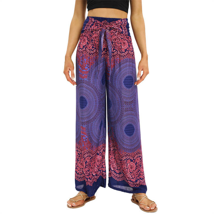 Buddha Stones Bohemian Compass Flower Print Sznurowane szerokie nogawki Spodnie do jogi damskie