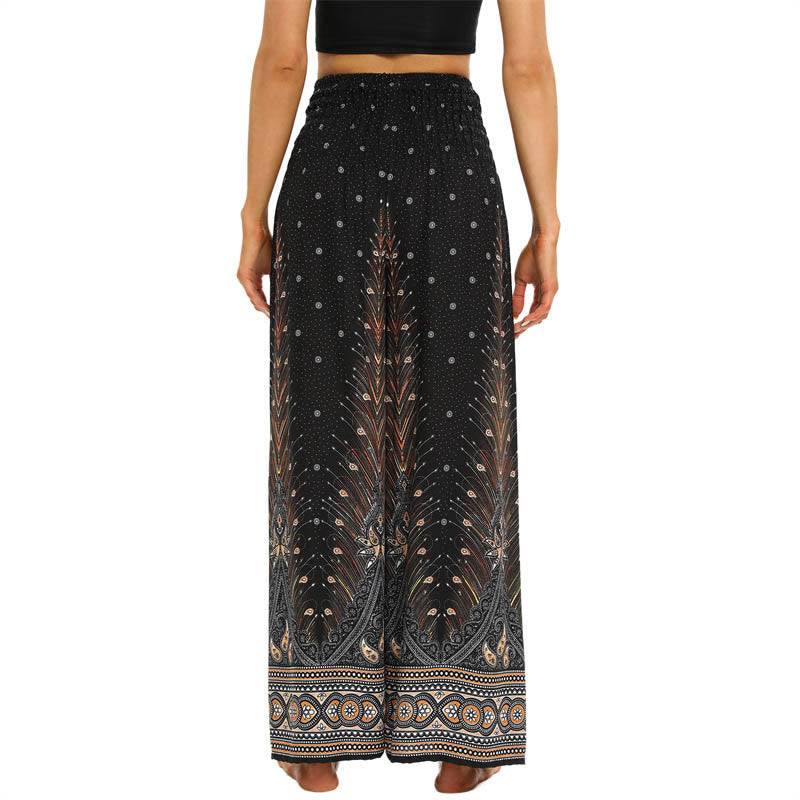 Buddha Stones do jogi damskie z szerokimi nogawkami i sznurowanymi nogawkami w stylu Boho Peacock Feathers - image 3