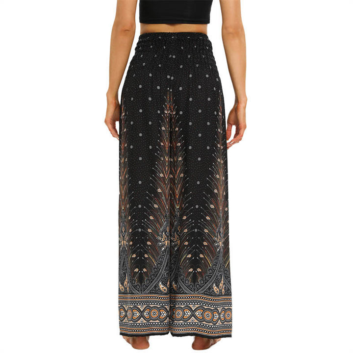 Buddha Stones do jogi damskie z szerokimi nogawkami i sznurowanymi nogawkami w stylu Boho Peacock Feathers - image 3