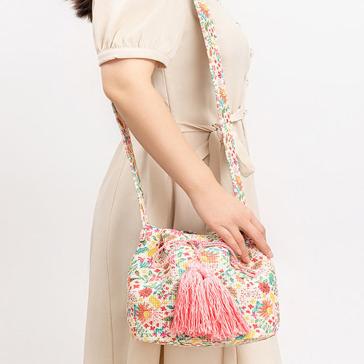 Buddha Stones Kolorowe Geometryczne Kwiaty Nadruk Płótno Torba Crossbody Torba Na Ramię