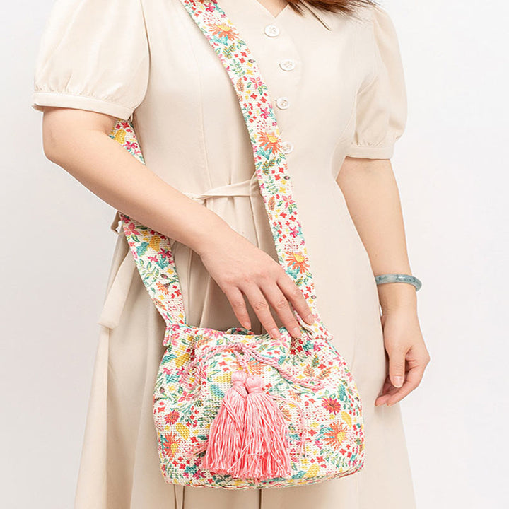 Buddha Stones Kolorowe Geometryczne Kwiaty Nadruk Płótno Torba Crossbody Torba Na Ramię