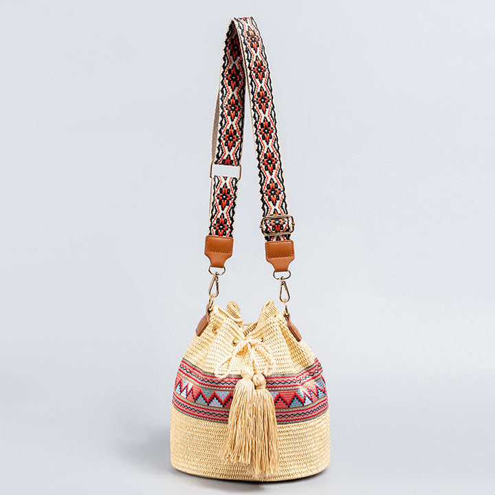 Buddha Stones Plaża Geometria Słoma Tkane Wiadro Frędzle Torba Crossbody Torba Na Ramię