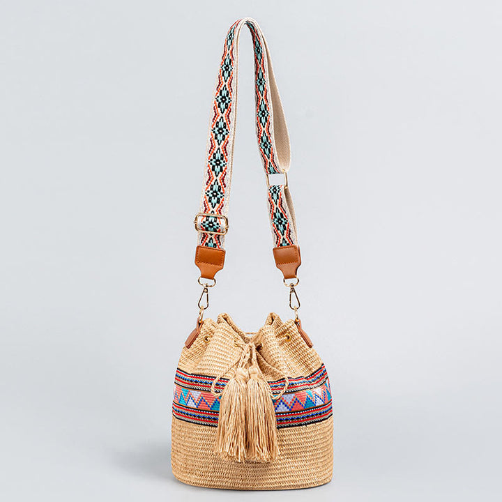 Buddha Stones Plaża Geometria Słoma Tkane Wiadro Frędzle Torba Crossbody Torba Na Ramię