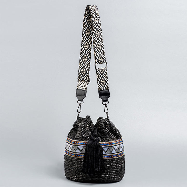 Buddha Stones Plaża Geometria Słoma Tkane Wiadro Frędzle Torba Crossbody Torba Na Ramię