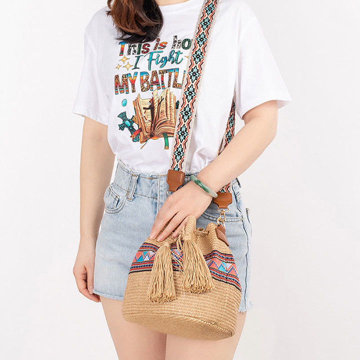 Buddha Stones Plaża Geometria Słoma Tkane Wiadro Frędzle Torba Crossbody Torba Na Ramię