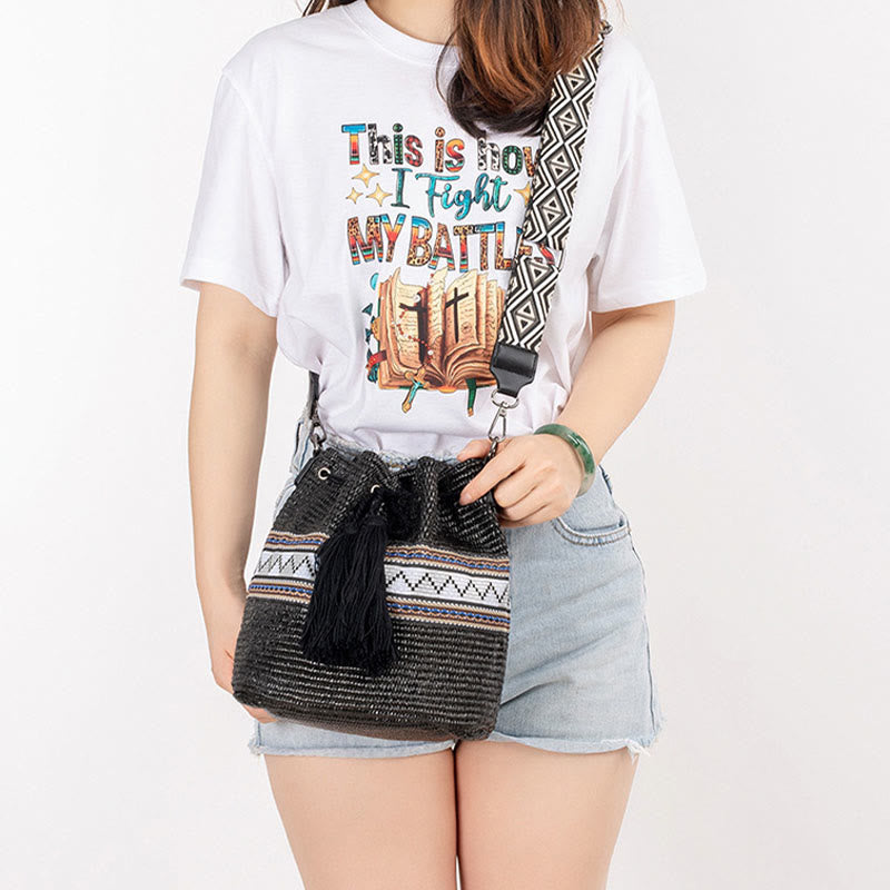 Buddha Stones Plaża Geometria Słoma Tkane Wiadro Frędzle Torba Crossbody Torba Na Ramię
