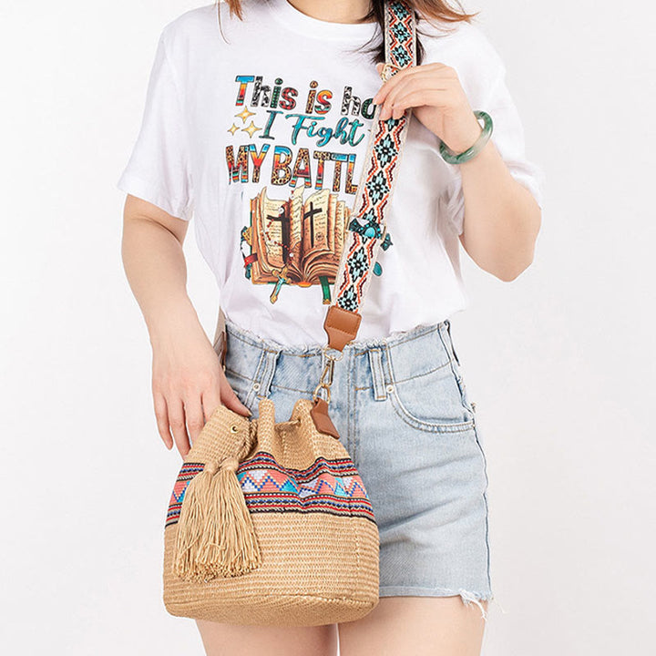 Buddha Stones Plaża Geometria Słoma Tkane Wiadro Frędzle Torba Crossbody Torba Na Ramię