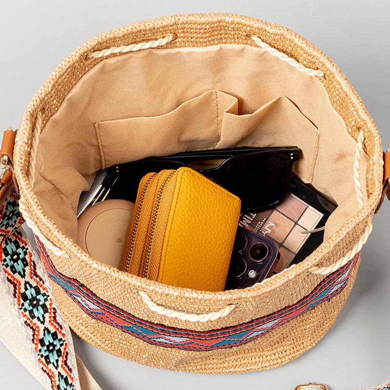 Buddha Stones Plaża Geometria Słoma Tkane Wiadro Frędzle Torba Crossbody Torba Na Ramię