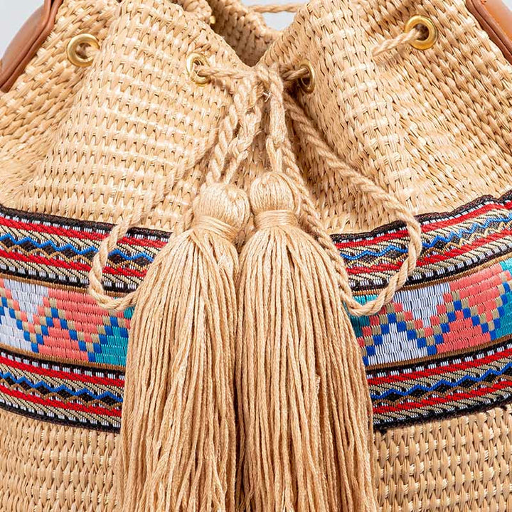 Buddha Stones Plaża Geometria Słoma Tkane Wiadro Frędzle Torba Crossbody Torba Na Ramię